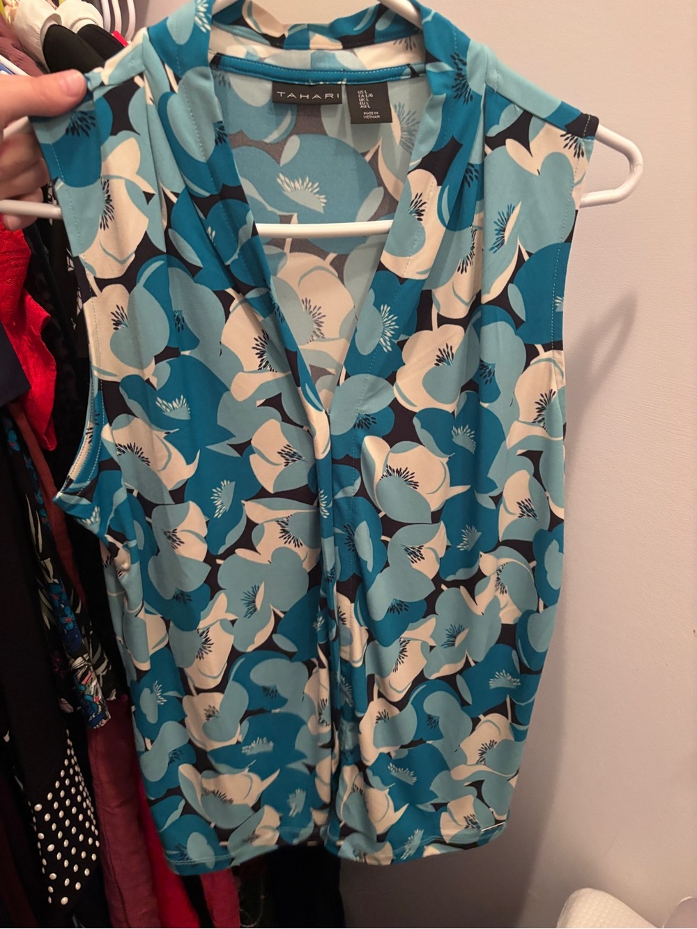 Tahari Teal and Ivory Floral Sleeveless Blouse